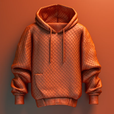 this orange hoody is fully padded and made of ribbed cotton, featuring a low poly style with intricate textures. the design is created using zbrush and features leatherhide material with crosshatched shading. the uhd image showcases the toy-like proportions of the hoody. ai generatedの素材