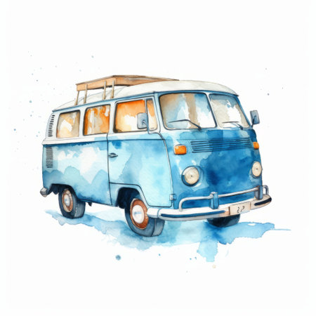 this vw bus art print features a watercolor painting in the style of rashad alakbarov. the adventure-themed illustration showcases quirky characters and objects in simplistic vector art with watercolor-like washes. the print is reminiscent of the works of willem haenraets. ai generatedの素材