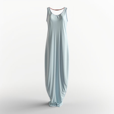blue dress with an oriental minimalism style neckline, captured on a white background. the dress features a slumped draped design and is rendered in vray, with a warm core. the color scheme includes light silver, light aquamarine, light gray, and light crimson, giving it an arte povera feel. ai generatedの素材