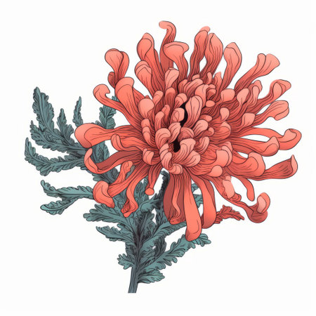 red chrysanthemum flower with green leaves on a white background, depicted in the style of intricate and bizarre illustrations from the sui dynasty. the sculpted flower is captured in scientific illustrations, featuring light orange and dark gray hues. the vintage imagery showcases the flower's beauty in light pink and light indigo shades. ai generatedの素材