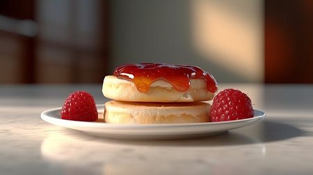 the scone with raspberry jam is a hyper-realistic 3d rendering created using cinema4d and cryengine. the photo-realistic techniques used in this eerie scene make the scone look eerily realistic, as if it could be picked up and eaten right off the plate. the mcdonaldpunk style adds a unique twist to this realistic scene. ai generatedの素材