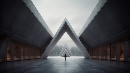 a person is captured walking through a building at night, in the style of geometric minimalist sculptures. the photograph by igor zenin features concrete structures that exude symmetry and balance. the sharp and angular lines, along with the monochromatic color schemes, are reminiscent of the works of jessica rossier. ai generatedの素材