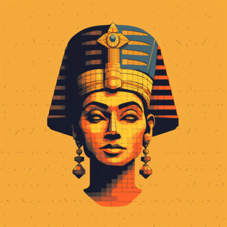 egyptian-inspired pop art portrait of a woman's head with a crown, featuring highly detailed and realistic mosaic-inspired elements in light yellow and dark orange. the architectural illustrator has incorporated graceful sculptures and strong linear elements to create a stunning and unique piece. ai generatedの素材