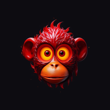 this is a 4k monkey head animation created by pfc digital video editing. the style of the animation is dark red and orange, with an illusionary spray paint art effect. the hyper-realistic animal illustrations are part of the vibrant pop surrealism style, and the playful character design is perfect for album covers. the animation was created using kodak plus-x technology. ai generatedの素材