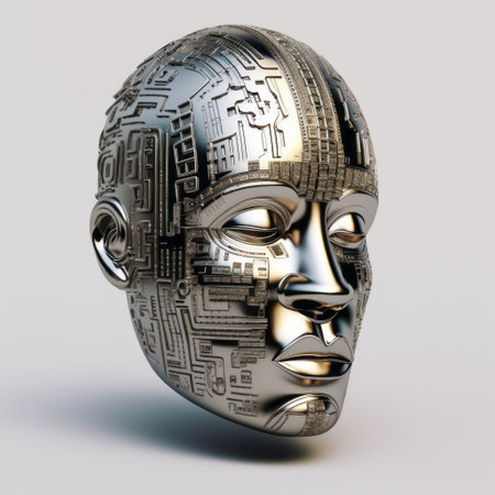 the circuit board alien head boasts a sleek metallic finish, with vray tracing that highlights its chrome-plated features. inspired by henry justice ford's elegant and emotive faces, this piece showcases mechanized precision and innovating techniques. ai generatedの素材