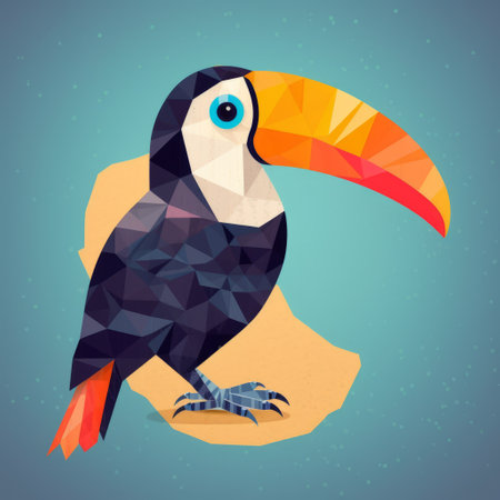 low poly toucan perched on triangular stones in vintage poster design style. dark sky-blue and light orange colors with bold graphic patterns. soft and rounded forms in characterful animal portraits. superflat style with textural richness. ai generatedの素材