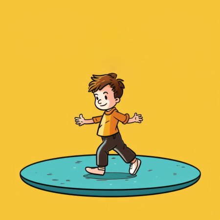 a cartoon-style vector illustration of a kid playing on a balance ball. the image features dark yellow and light aquamarine colors, with a comic strip imagery style. the illustration is fluid and can be used for animated gifs or tumblewave. the caricature-like illustrations are in the style of dark yellow and light orange. ai generatedの素材