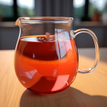a glass pitcher filled with tea is placed on a wooden table, rendered in unreal engine with bold chromaticity of light red and amber. the simple yet eye-catching detail of the bulbous pitcher is infused with social commentary. ai generatedの素材