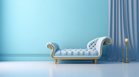 wooden chair in a contemporary candy-coated style room with a light turquoise and gold color scheme. the room features a blue wall and minimalist backgrounds, with an electric lamp casting a warm glow on the elegant rococo-style chair. the chair is adorned with luxurious fabrics and the overall aesthetic is reminiscent of victorian glasgow. ai generatedの素材
