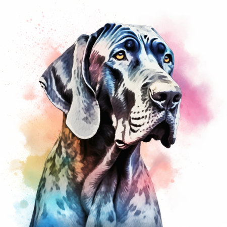 the dog in this digital art piece by william wegman is depicted with watercolor paints on a white background. the style is hyper-detailed and realistic, with a colorful muralist touch. the vibrant spectrum colors include light sky-blue and dark gray, resulting in a majestic composition. the use of digital art techniques adds to the overall effect. ai generatedの素材
