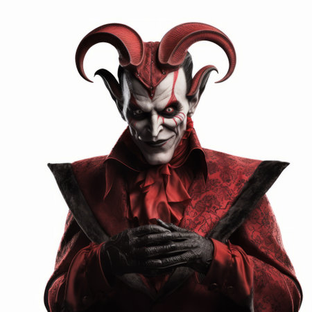 the villain character in this demonic photograph is a cosmic jester with red hair and horns, holding a gun. the detailed costumes in dark red and light gray add to the character's menacing appearance. the facial features are intricately detailed, and the character appears to be a master of shadows. this photograph is reminiscent of the style of zack snyder. ai generatedの素材
