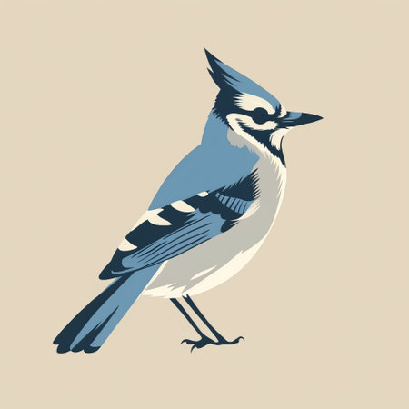 blue jay with a vintage graphic design style showcasing its blue beak and black feathers. the minimalist composition features light gray and dark beige with a trace monotone effect. the distinctive character design is perfect for prairiecore enthusiasts. shot with a konica big mini. ai generatedの素材