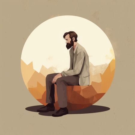 man sitting in a circular shape amidst a landscape painted in soft, tonal colors. the artwork features a blend of low poly, western-style portraits, primitivist style, superflat style, rusty debris, and antoni gaudi's influence. ai generatedの素材