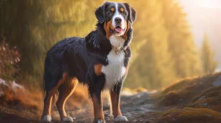 bernese mountain dog standing majestically in a sunlit forest, captured in photorealistic portraits with a colorized effect. the epic portraiture showcases the dog's stunning features, set against a backdrop of light navy and dark amber hues. the image is reminiscent of the die brucke art movement and was shot with an iso of 200. ai generatedの素材