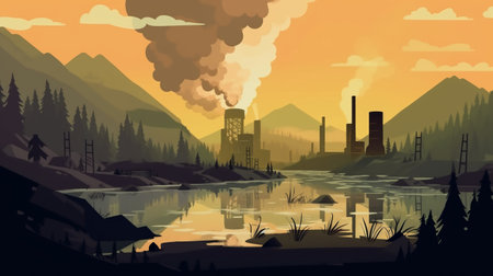 the coal power plant emits thick smoke in this 2d game art style scene. the romantic riverscape is depicted in earth tones, reminiscent of whistlerian art. the bold, cartoonish lithographs and rough-edged 2d animation add to the environmental portraiture of the scene. keywords: coal power plant, smoke, 2d game art, romantic riverscape, earth tones, whistlerian, cartoonish lithographs, rough-edged animation, environmental portraiture. ai generatedの素材