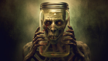 zombie with kebabs, a photorealistic portrait by grzegorz domaradzki, showcases intricate facial features and an illusion of depth. the post-processing and subtle use of light and shadow add to the oil portraitures' overall effect. the zombie's unique accessory, a jar of kebabs, adds a touch of humor to the otherwise eerie image. ai generatedの素材