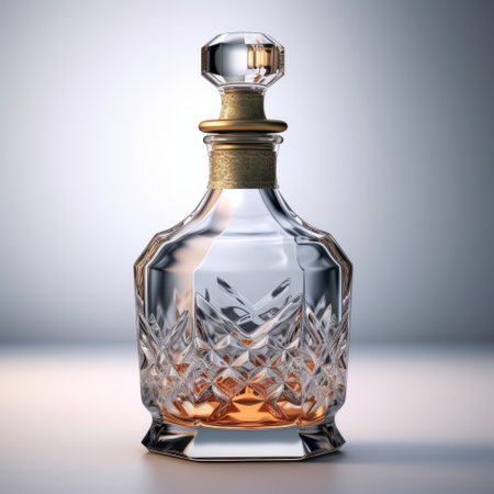 the crystal bottle of alcohol is showcased on a white table in a vray tracing style. the texture is rich and the rendering is realistic, highlighting the intricate layers of the bottle. the design is reminiscent of the works of henry justice ford and jake wood-evans. ai generatedの素材