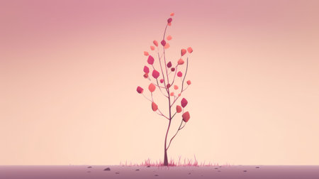 the tree stands tall amidst the lush green grass, adorned with leaves in shades of light maroon and pink. the neo-geo minimalism style of the picture is reminiscent of valentine penrose's art, while the traditional animation adds a touch of desolate landscapes. delicate flowers in the background enhance the beauty of the picture, which is reminiscent of valentin rekunenko's work. ai generatedの素材