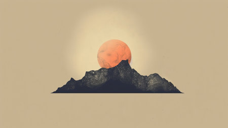 the beige mountains are beautifully illustrated in this found object composition, featuring a sunrise that casts a warm, dark orange glow over the landscape. the minimalist pen drawings and detailed world-building create a unique, almost nightmarish illustration style that is both captivating and eerie. the matte photo finish adds to the nuclear art feel of the piece, making it a stunning addition to any collection.の素材