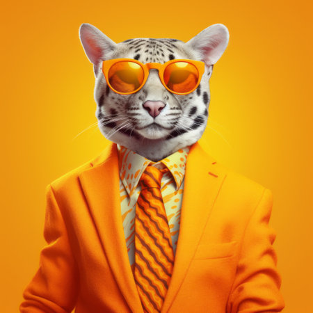 cat in a suit and tie with sunglasses, showcasing bold saturation and maximalist style. this commercial imagery features a mashup of styles, including animalier and precise lifelike details. the light orange and silver color scheme adds to the innovative and eye-catching appeal of the photo. ai generatedの素材