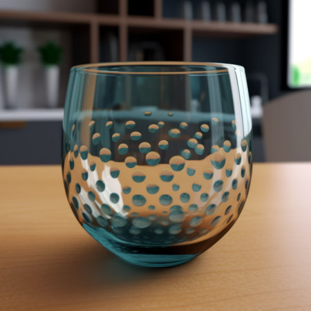 3d glass with embroidered dots on the surface, featuring vray tracing and a cyan color palette. the soft-focus technique enhances the high-contrast shading, creating a visually striking effect. this unique piece showcases a mid-century modern design, complemented by holotone printing. captured with the tamron 24mm f28 di iii osd m12 lens, this photo captures the intricate details of the glasswork. ai generatedの素材