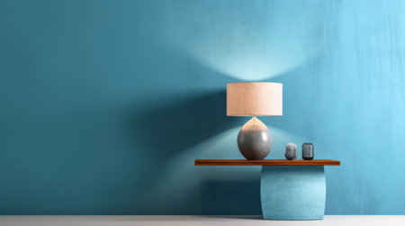 a table lamp on the wall with a minimalist background in dark beige and sky-blue. the realistic hyper-detailed rendering showcases a bright and bold color palette of light teal and sky-blue. this minimalist stage design is perfect for creating a simple yet stylish ambiance. ai generatedの素材