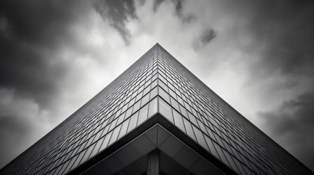 the modern building captured in this photo is a stunning example of geometric balance, with its hard edges and detailed textures. the silver and gray color scheme is perfectly complemented by the thick clouds overhead, creating a smooth and polished look. shot in the style of zeiss batis 18mm f28, this image is a true masterpiece of architectural photography. ai generatedの素材