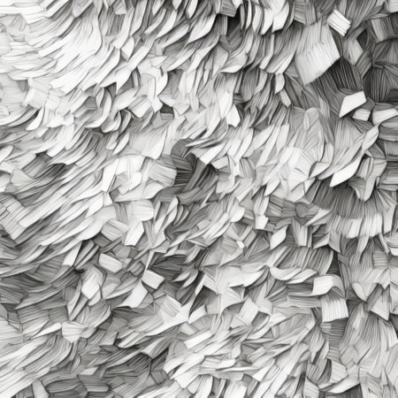 the photo displays a black and white paper texture with intricate feather-like details. the design features futuristic chromatic waves, pixelated chaos, and realistic hyper-detailing. the texture is suitable for large-scale canvases and piles/stacks. ai generatedの素材