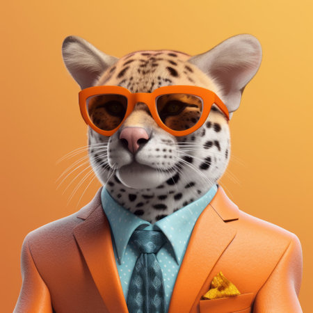 leopard in a suit and glasses wearing sunglasses, created in the style of zbrush, is a playful character that adds vibrancy to still lifes. the light orange color and bunnycore theme make it stand out. the image is precise and lifelike, making it perfect for commercial imagery. ai generatedの素材