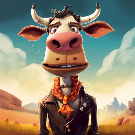 the cow in this surrealistic portrait is holding some straw sticks on the ground. the 2d game art style and western-style portrait add to the bold character design of this handsome caricature face. this 32k uhd illustration is sure to make a statement. ai generatedの素材