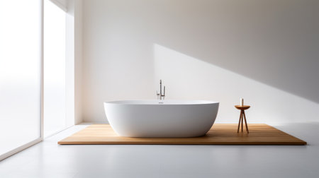 a 3d rendered white bathtub is showcased in a bathroom with a wooden floor. the design style is large-scale minimalist, featuring simplicity and monochromatic color palettes. the aesthetic is reminiscent of larme kei, with rounded, sleek lines and softly blended hues. this bathroom design is a nod to the 1970s-present era. ai generatedの素材