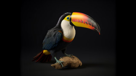 the toucan perches on a tree branch against a dark background, captured in stunning hyper-realistic detail. this studio portrait showcases the bird's vibrant colors and intricate markings, reminiscent of moche art and toyism. photographed with a hasselblad h6d-400c, this tabletop image is a bold and striking representation of this beautiful bird. ai generatedの素材