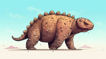 the dinosaur in this surrealistic illustration boasts a massive spike on its head, set against a backdrop of spiky mounds in light brown and sky-blue hues. the animated gifs and pointillist stippling technique add depth and texture to the detailed realism of the image. at 3840x2160 resolution, this cartoon dinosaur is sure to make an impact. ai generatedの素材