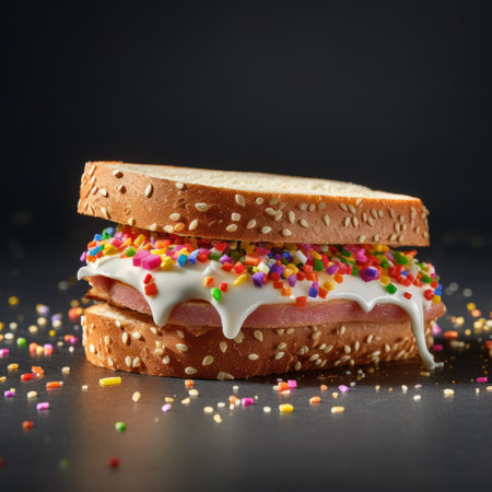 toasted cookie sandwich with cream cheese and fruit toppings, captured in a vibrant dark sky-blue and pink color scheme. this glittery treat is perfect for a party kei aesthetic and was shot using fujifilm pro 400h film. the image is a nod to the 1970s-present era and fits perfectly with the caninecore trend. ai generatedの素材