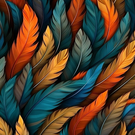 feathers in vibrant shades of red, orange, and blue create a stunning background in this wallpaper. the nature-inspired shapes and swirling vortexes are reminiscent of colorful drawings, all captured in the style of dark teal and dark beige. shot on ferrania p30, this wallpaper is perfect for those who love nature-inspired decor. ai generatedの素材