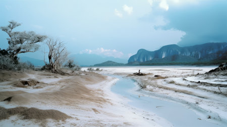 sandy fields and mountains at night captured in the style of light gray and sky-blue. this photograph showcases tropical landscapes and was shot using kodak portra film. the image features romanticized depictions of wilderness with hyper-realistic water. the painting technique used is gongbi, which adds to the overall beauty of the decaying landscapes. ai generatedの素材
