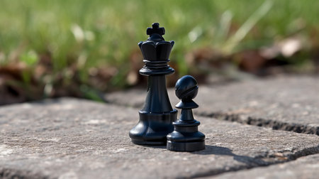chess pieces in navy and black colors captured in the style of schlieren photography, placed on the grass near some bricks. the precision engineering of the pieces is evident through their highly polished surfaces. the image is representational and captured using the helios 44-2 58mm f2 lens. the chess pieces are the main subject of the image, and the use of chalk adds to theの素材