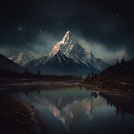 mountains, lights, and stars come together in this imaginative fantasy landscape photograph. the dark reflections and soft, tonal colors create a realistic landscape that is reminiscent of himalayan art. the detailed atmospheric portrait is captured in the style of mike campau and stephen shortridge. ai generatedの素材