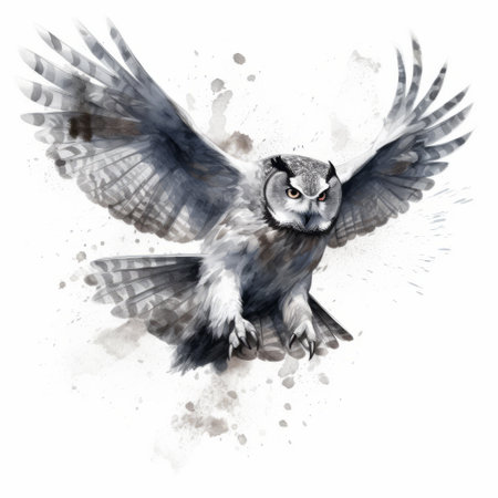 this owl painting by florian nicolle and greg rucka showcases graceful movements with a realistic portrayal of light and shadow. the monochromatic ink wash style in gray and black creates a stunning contrast against the white background. splashes of color add a unique touch to the artwork, making it a beautiful addition to any collection. amanda clark's influence is evident in the attention to detailの素材