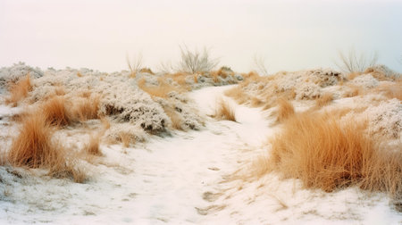 a path surrounded by tall grass stands out against a serene snow-covered background. the photo, captured in the style of contax t2, features a light gray and light amber color palette. the image evokes the beauty of dutch seascapes and organic formations, while also showcasing detailed environments. this poignant portrait is truly breathtaking. ai generatedの素材