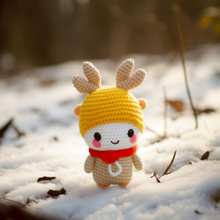 crochet reindeer deer santa plush decoration by cynthia e, featuring anime-inspired character designs in light yellow and yellow colors. this adventure-themed decoration is captured in a photo taken with nikon d750 and rollei prego 90, in the style of samyang 14mm f28 if ed umc aspherical lens. perfect for adding a touch of qing dynasty charm to your holiday decor. ai generatedの素材