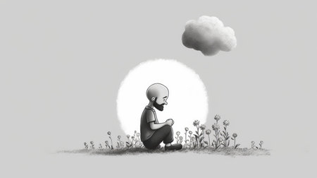 timekeeper painting by dan matutina is a stunning black and white artwork that depicts a bulbous clock sitting on a field. the painting is created in the style of quiet contemplation and flowerpunk, reminiscent of comic strip art. the light gray tones and use of fujifilm eterna 400t film add to the overall aesthetic of the piece. ai generatedの素材