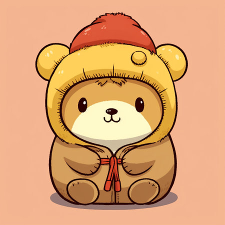 a cute and colorful image of a bear wearing a beanie in the style of kawaii manga. the bear is depicted in light crimson and light brown traditional costumes. the image is high resolution and created by dao trong le. this image is available under the creative commons attribution license. ai generatedの素材