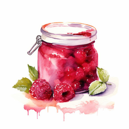 this watercolor illustration showcases a jar filled with juicy raspberries, depicted in a photorealistic pastiche style that is both accurate and detailed. the innovative approach to the artwork draws inspiration from the les nabis movement, resulting in an eye-catching and creative piece. the image is available under the creative commons attribution license and features a vibrant magenta color palette. ai generatedの素材