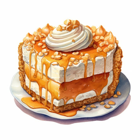 pecan pie with caramel frosting and syrup is depicted in a watercolor style reminiscent of masamune shirow's realistic landscapes. the soft edges and candycore colors create a lively tableau that is both colorful and cartoonish. the white and amber tones of the pie and frosting are highlighted by the caramel syrup. ai generatedの素材