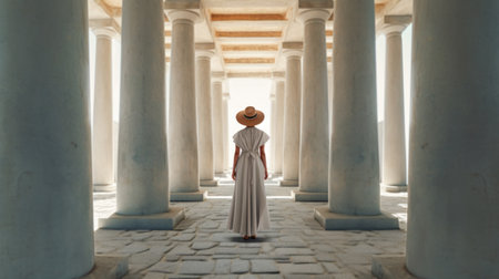 the woman in this photo stands gracefully next to a group of pillars, dressed in a style that exudes serene simplicity and classic elegance. the solarizing master behind the lens has captured a contemporary archaeological vibe, with a serene atmospheric perspective that reveals hidden details. the white dress worn by the woman adds to the overall sense of purity and tranquility in the image. aiの素材