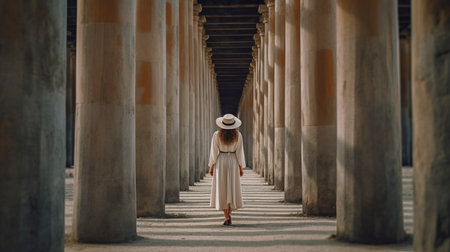 a female artist and a woman stroll through the columns of an art gallery, surrounded by dreamy romanticism. the beach portraits in dark white and light beige showcase balanced symmetry, while the architectonic design adds to the everyday life depiction. it's hard to believe how beautiful this scene is. ai generatedの素材