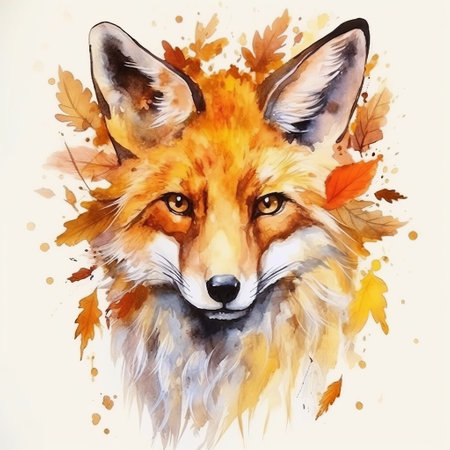 a fox design featuring autumn leaves is depicted on a white background in a spray painted realism style. the dark yellow and light orange hues add a subtle realism to the mural. the strong facial expression of the fox is captured in aquarellist fashion. this contest-winning wall drawing is a stunning addition to any space. ai generatedの素材