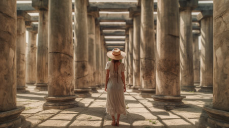 woman walking away from stone pillar portrait photography of girl in ancient courtyard outdoors. style inspired by 32k uhd, nicolas bruno, hellenistic art, travel, chic simplicity, solarizing master, and post-painterly. ai generatedの素材