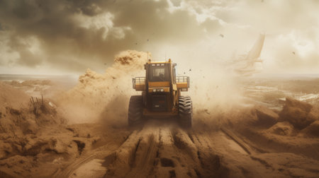 bulldozer crushing sand in digitally manipulated style. 8k resolution, iso 200, weathercore, atmospheric portraits, controlled chaos, tabletop photography. ai generatedの素材